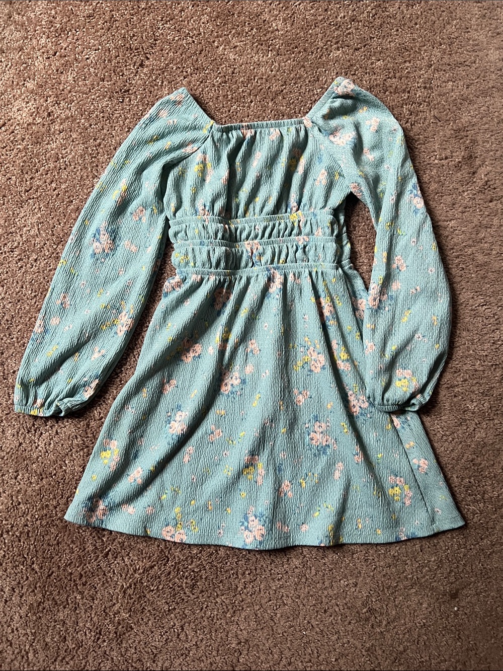 Art Class Girls' Floral Smocked Waist Long-Sleeve Dress - Aqua